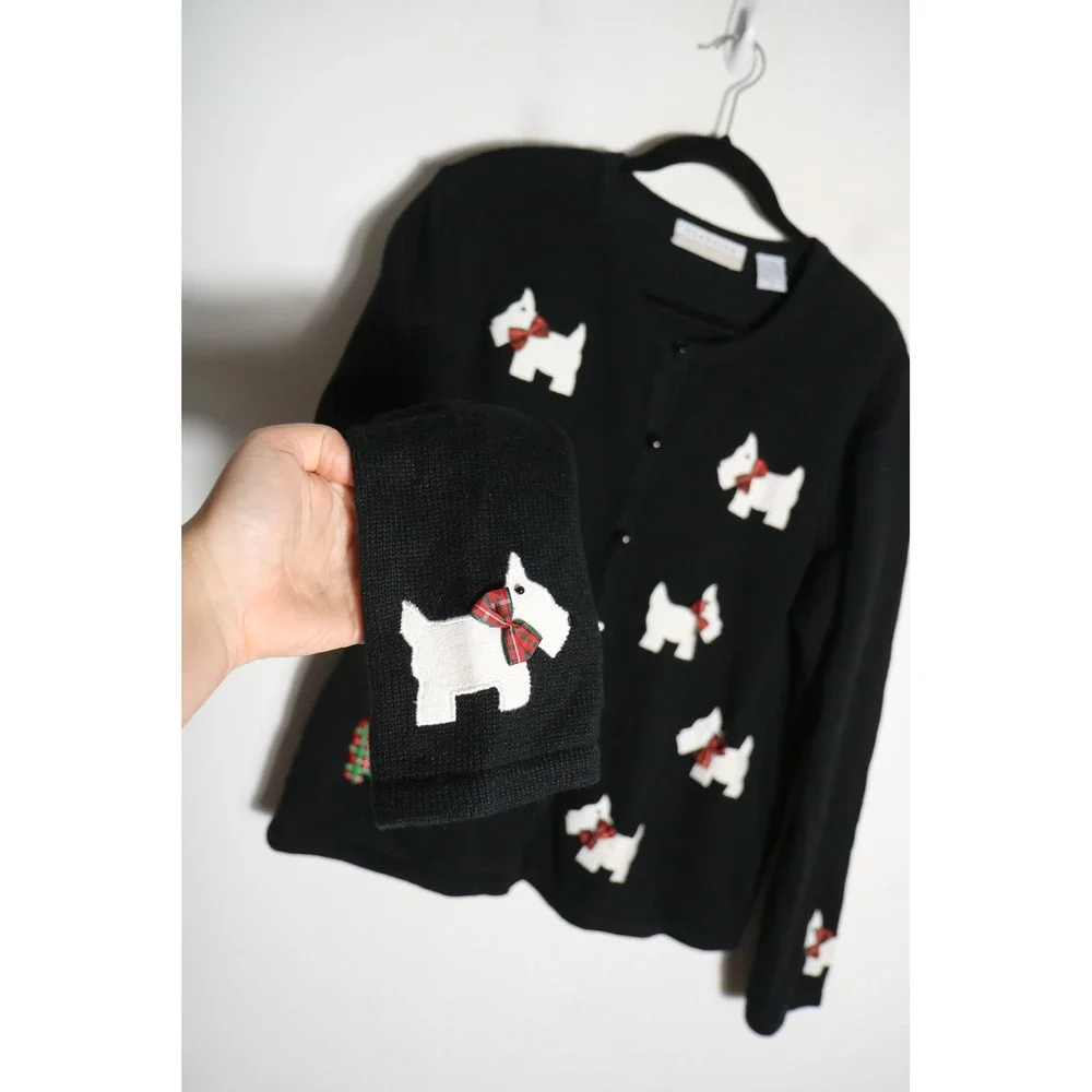 Vintage 90s Classics Scottie Dog Novelty Cardigan Large Black Christmas Preppy